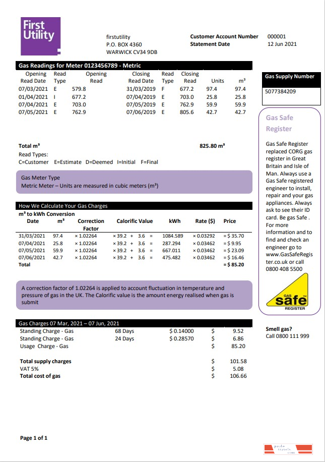 United Kingdom Warwick First Utility bill template in Word and PDF format